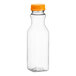 A clear bottle with an orange lid.
