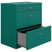 A teal Hirsh Industries lateral file cabinet with a drawer open.