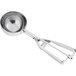 A round stainless steel ice cream scoop with a squeeze handle.