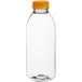 A clear plastic 16 oz. square juice bottle with an orange lid.