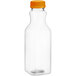 A clear plastic Square Carafe juice bottle with an orange cap.