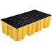 A yellow and black plastic Eagle Manufacturing 2 drum pallet.