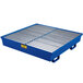 An Eagle Manufacturing blue metal spill pallet with metal slats.