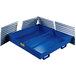 A blue metal spill pallet with metal pieces.