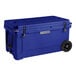 A navy CaterGator outdoor cooler with wheels and black handles.