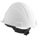 A white Honeywell hard hat with a black ratchet adjustment strap.
