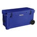 A navy blue CaterGator outdoor cooler with wheels and black handles.