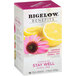 A white Bigelow Benefits box of Lemon and Echinacea Herbal Tea Bags with a picture of lemons and a flower.