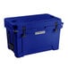 A navy blue CaterGator outdoor cooler with black handles and wheels.