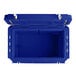 A navy blue CaterGator outdoor cooler with a lid open.