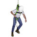 A man wearing a safety harness uses a Honeywell Miller Relief Step safety device.