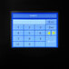 A digital calculator with a blue screen and a black background.
