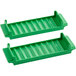 Two green plastic Controltek USA coin trays with six rows of holes.
