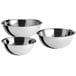 A group of three silver stainless steel mixing bowls.