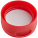 A red round container with a white lid and a red pressure sensitive liner.