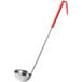 A Choice stainless steel ladle with a red handle.