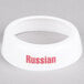 A white plastic Tablecraft collar with maroon Russian lettering.