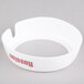 A white round Tablecraft plastic collar with maroon lettering.