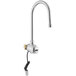 A silver Waterloo wall mount hands-free sensor faucet with a gooseneck spout.