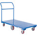 A blue Vestil steel flat bed cart with red wheels.