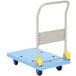 A blue and yellow Vestil plastic platform truck with wheels and a folding handle.