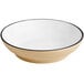 An Acopa Harvest Tan stoneware pasta bowl with a white rim and black accents.