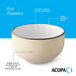A cream white matte stoneware bowl with a glossy white interior, dark banded edge, and speckled glaze.