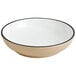 A white stoneware bowl with a black rim.