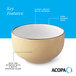 A 13 oz. stoneware bowl with a glossy white interior, dark banded edge, and a rich tan matte speckled exterior.