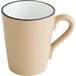 A Acopa Harvest Tan stoneware coffee mug with a black rim and handle.