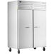 A Beverage-Air stainless steel reach-in refrigerator with two doors on wheels.