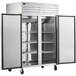 A Beverage-Air stainless steel reach-in refrigerator with two solid doors.
