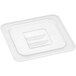A white translucent polypropylene plastic container lid with a handle.