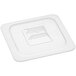 A white translucent plastic lid with a handle for a plastic container.