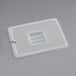 A translucent polypropylene rectangular plastic container lid with a notch.