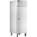 A stainless steel Beverage-Air Reach-In Freezer with a white door on wheels.