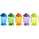 A set of five Tritan plastic blender jars in different colors with matching lids.