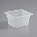 A translucent polypropylene plastic container with a lid.