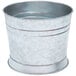 A silver galvanized steel bucket with a handle.