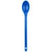 A blue plastic Vollrath kitchen spoon with a white background.