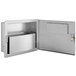 A stainless steel metal box with a door open and a shelf inside.