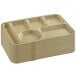 A stack of tan heavy-duty melamine compartment trays with 6 sections.