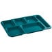 A Choice ocean teal heavy-duty melamine tray with six compartments.