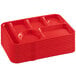 A stack of 12 red Choice heavy-duty melamine 6 compartment trays.