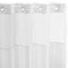 A white Hookless shower curtain with a white border and rings on a rod.