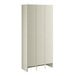 A beige metal locker with three wide rectangular doors and four tiers.