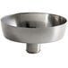A silver stainless steel bowl with a metal handle.