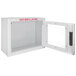 A white metal Compact Surface Mount AED Wall Cabinet with the door open.