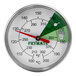 A round white and green thermometer with the word Fryma on it.