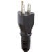 A black electrical plug with silver prongs on a white background.